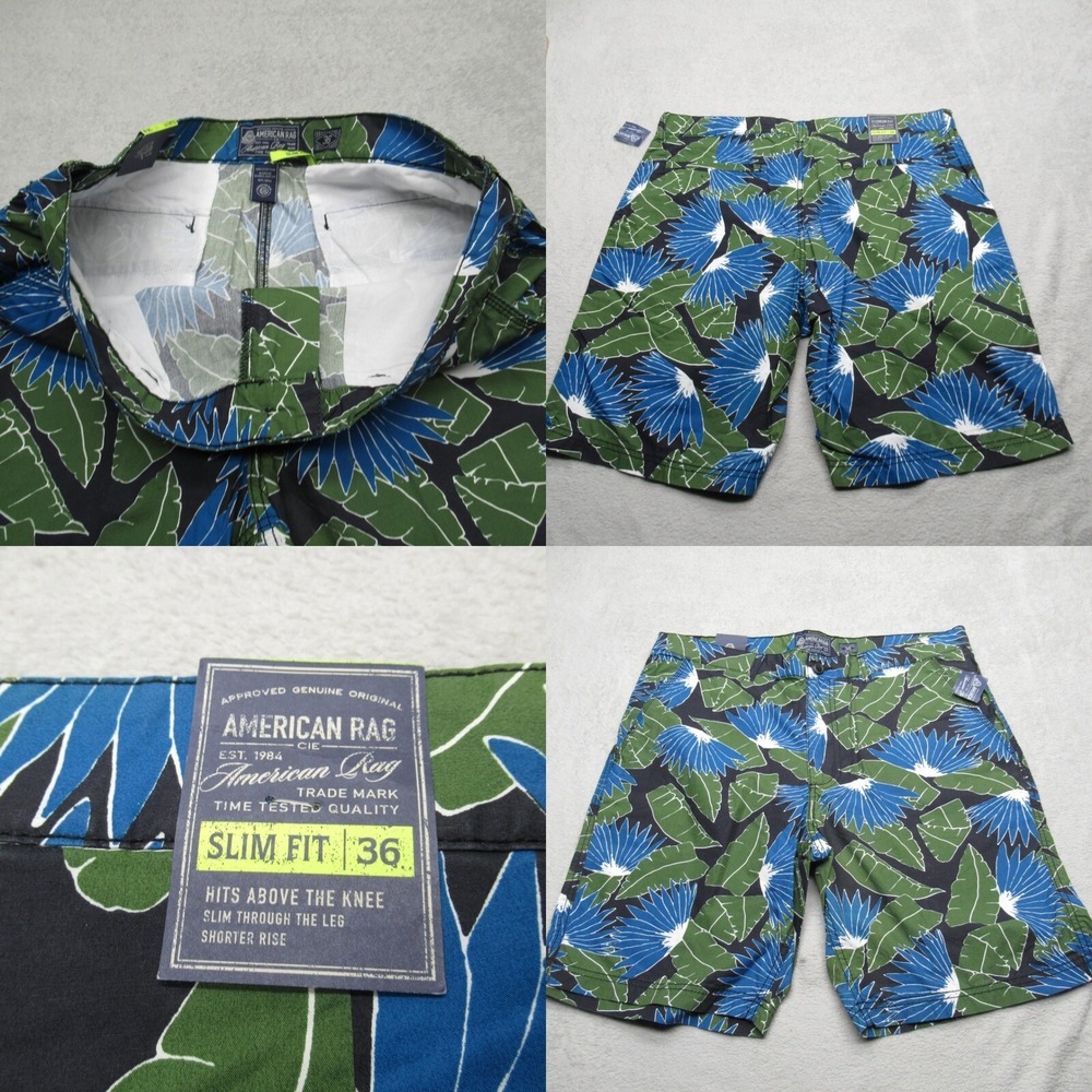 Board Shorts‎ Mens 38 Green Blue Tropical Hawainn Swim Slim Fit Above Knee NWT